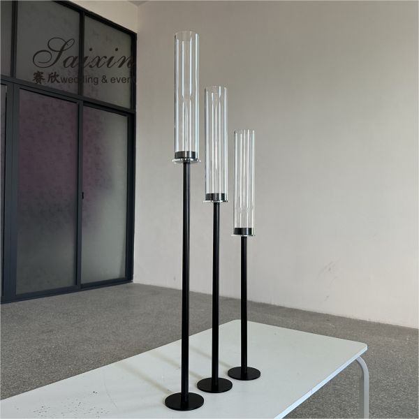 Buy Long Stem Hurricane Pillar Gold Wedding Candle Holder With Chimney Tubes 3pcs Set 80cm at wholesale prices