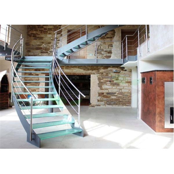 Round Glass Modern Curved Staircase With Double U Channel Stringer