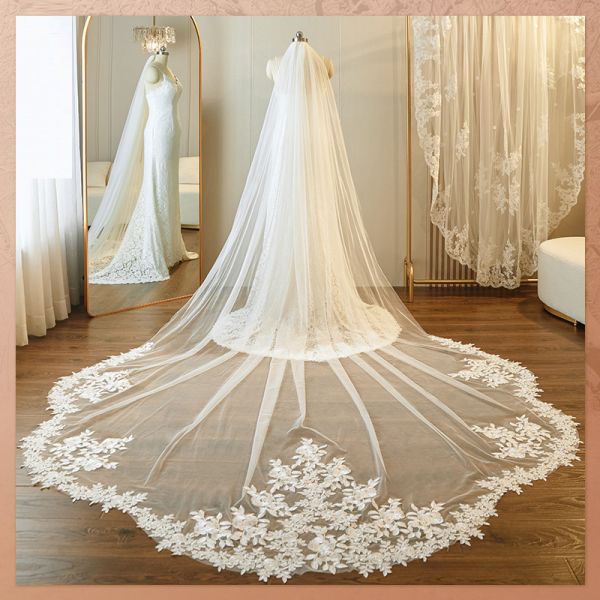 Unique Customized 3.5m*1.3m Wholesale Long Cathedral Appliqued Lace Sequins Tulle Bridal Wedding Ivory Veil With Hair Co