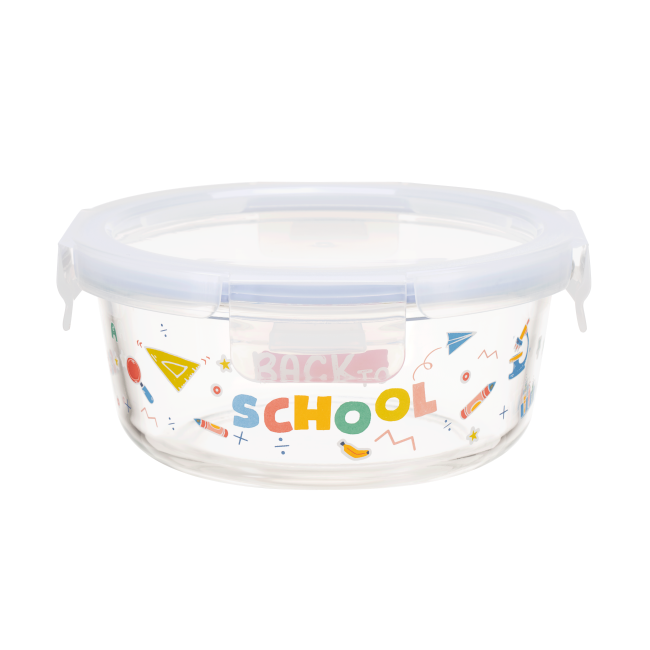 4-Lock Custom Glass Food Container with Back to School Design and Oven Safe High