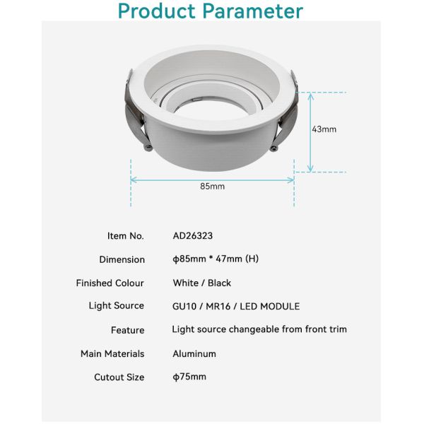 Commercial Recessed Spotlight Frame 75mm Cut-Out GU10/MR16 Aluminum Anti-Glare Design