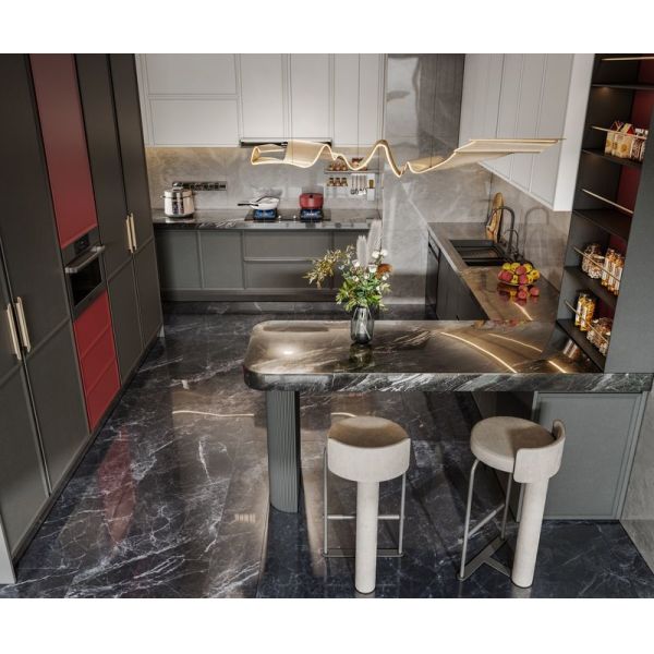 Fadior Modern Stainless Steel Kitchen Cabinet with Blush Red Accent And Extended Sinstered Stone Island