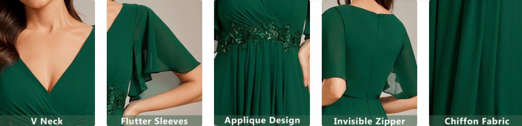 Empire Plus Size Applique Short Sleeve A-line V-neck Flutter Sleeves Invisible Zipper Dusty Navy Chiffon Bridesmaid Dres