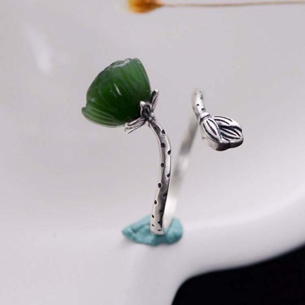 Sterling 925 Silver Sculptured Lotus Flower Natural Jade Gemstone Ring (060006)
