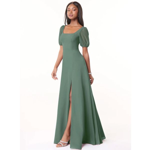 Wholesale Keyhole Back Square Neckline Chiffon Long Bridesmaid Dress Floor-Length A-Line Short Sleeve Front Split Slit