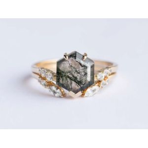 Large Hexagon Moss Agate Statement Wedding Cluster Ring Set