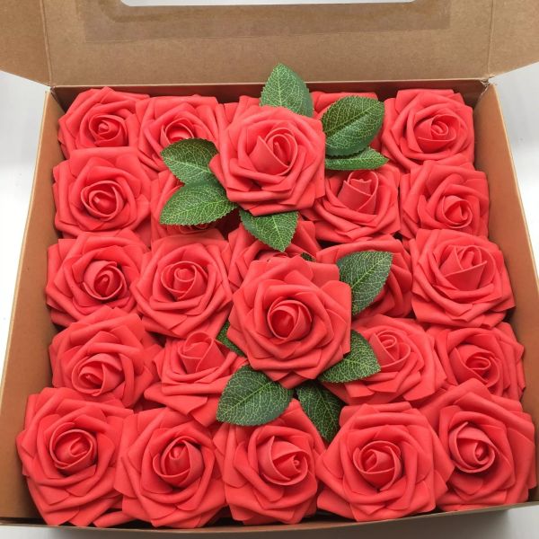 Buy Artificial Flower Foam Rose With Leaf and Stem For Wedding gift Birthday gift  Christmas Day Gift at wholesale prices