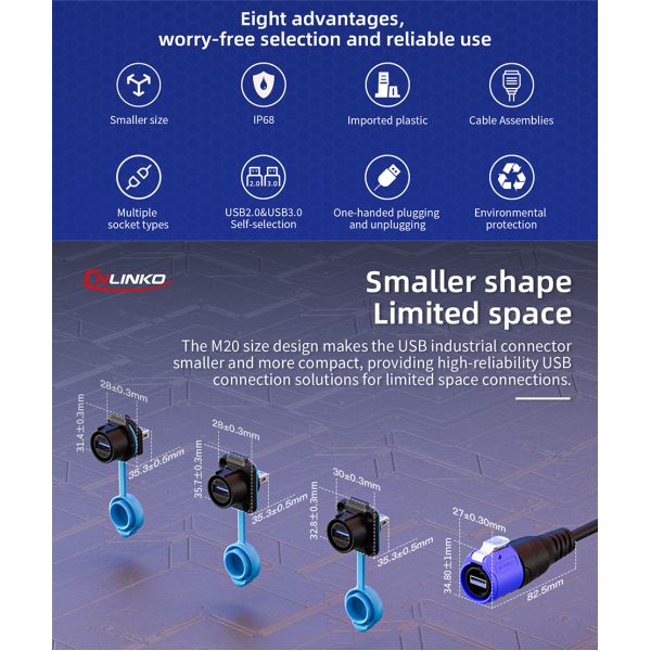 CNLINKO LP20 USB 2.0 Ip68 Waterproof Industrial Plastic Dual Usb Wire Connector