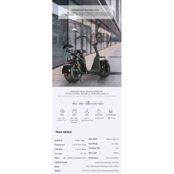 60V 18 Inch Adult Two Wheeler Electric Scooter Two Wheeled Standing Scooter