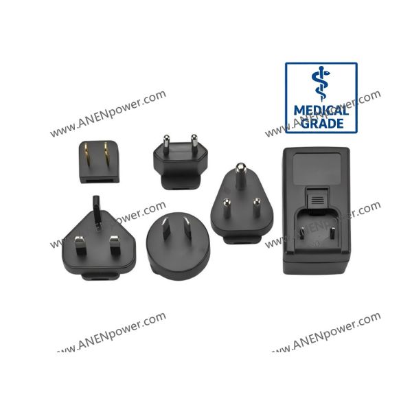 24W Hospital-use AC/DC Adapter, Interchangeable Wall Plug, High Efficiency IEC60601 Standard, 12V 2A / 24V 1A Stable Output