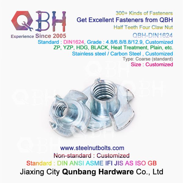 Buy QBH M4-M10 DIN1624 Blue White  Yellow Zinc Plated Carbon Steel Half Teeth Four Claw T Nuts at wholesale prices