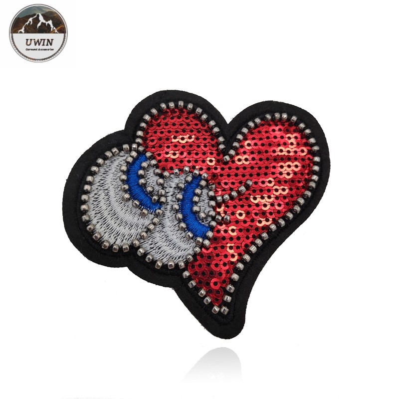 Quality Sew On OEM Beaded Applique Patches Heart Eyes Sequins Material Merrowed Border for sale