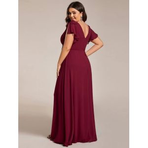 Empire Plus Size V-neck High Split A-line Short Sleeve Zipper Burgundy Chiffon