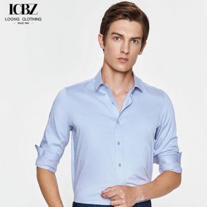 Three-Proof Fabric Summer Blue Long-Sleeved Dress Shirt for Men No-Iron and End