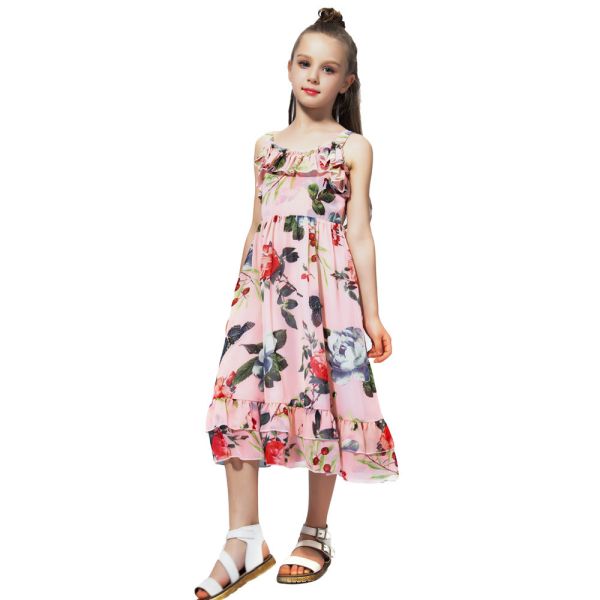 Girls Casual Summer Children'S Clothing Printed Off Shoulder Short Sleeve Ruffle A-Line