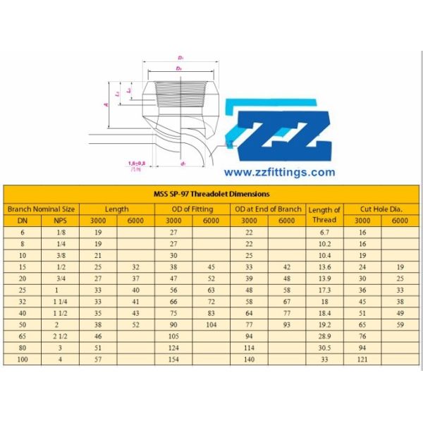 Threadolet MSS SP-97 Dimensions