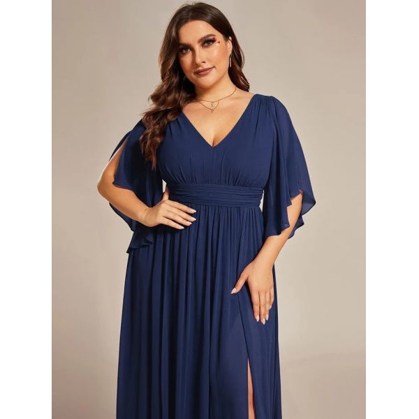 Empire Plus Size V-neck Ruffled A-line Invisible Zipper Half Flutter Sleeves Navy Blue Chiffon Graduation Dress