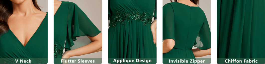 Sexy Empire Applique A-line Short Flutter Sleeves V-neck Invisible Zipper Dark Green Chiffon Evening Dress