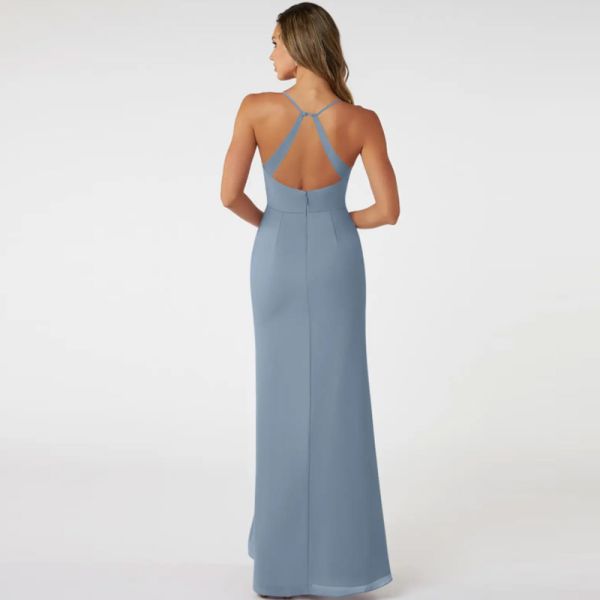 Factory Customized Chiffon Dusty Blue Floor-Length Bridesmaid Dress V-Neck Spaghetti Straps Sheath Front Split Slit