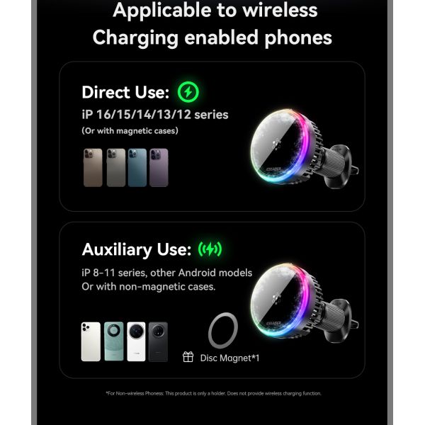 ESSAGER T2 15W Wireless Fast Charging Vacuum Suction Magnetic Car Phone Holder 360 Rotation