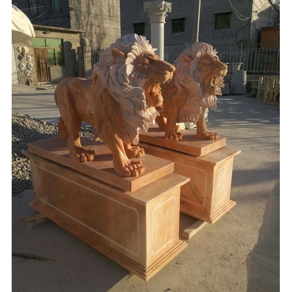 Garden decoration Stone walking lions pink marble animal sculpture,stone carving