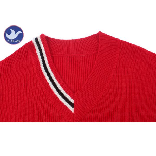 Chinese Red Womens Knit Pullover Sweater Half Striped V Neck Half Cardigan Knitting