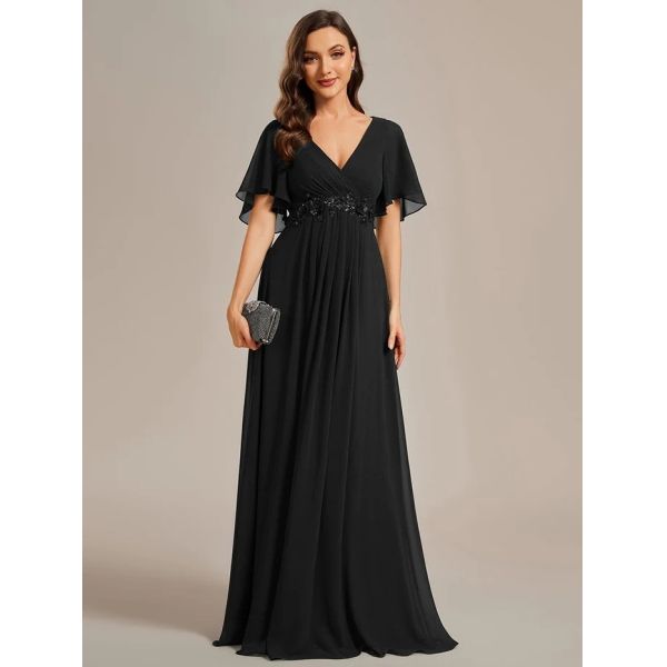 Sexy Empire Applique A-line Short Flutter Sleeves V-neck Invisible Zipper Black Chiffon Party Dress