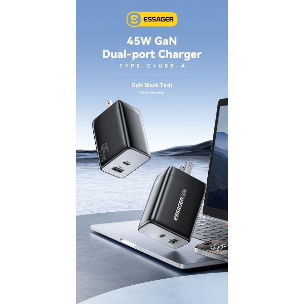 ESSAGER ES-CD40 Series PD GaN Charger QC4.0 QC3.0 QC2.0 Dual 2 Ports USB C 45W