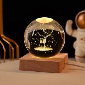 Wooden Crystal Ball USB Powered LED Light Crystal Ball Statue Crafts Stand Home