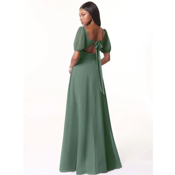 Wholesale Keyhole Back Square Neckline Chiffon Long Bridesmaid Dress Floor-Length A-Line Short Sleeve Front Split Slit