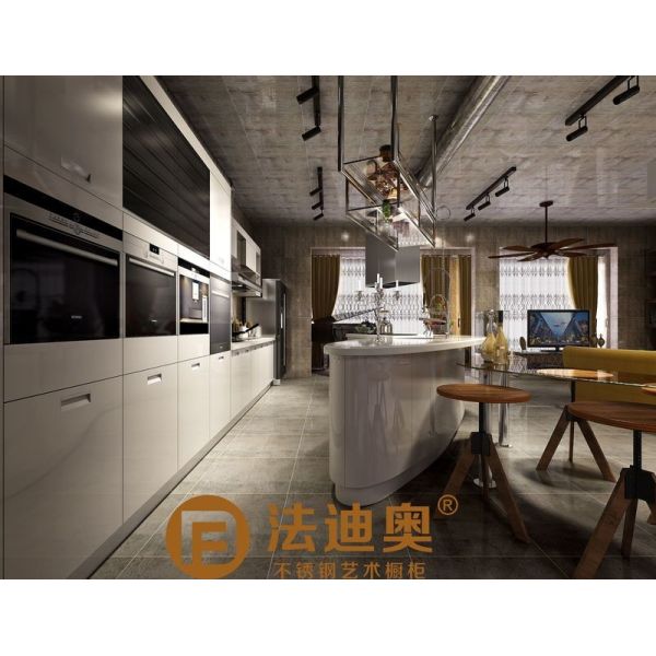 Industrial-Style Stainless Steel Kitchen With Butterfly Island In Metallic Wgite