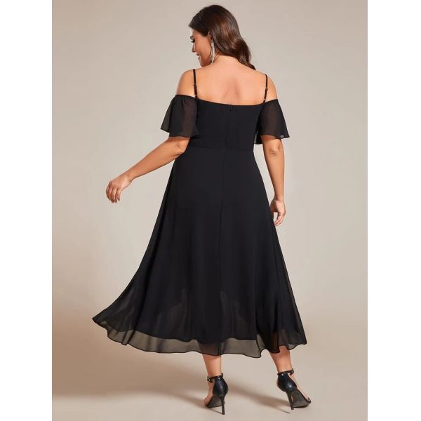 Empire Off-shoulder Spaghetti Strap Zipper High-low Wedding Guest Dresses Short Sleeves Black Chiffon Prom Dress
