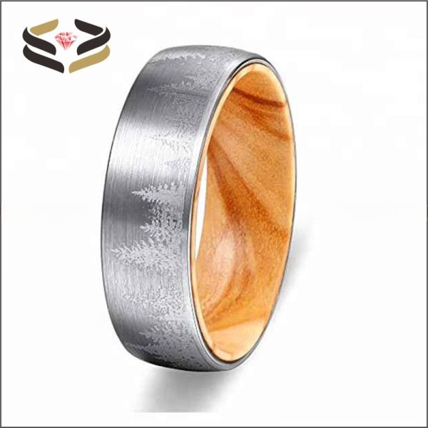 8mm Silver Tungsten Ring showcasing Olive Wood Interior and Forest Laser Engraved Design for Wedding or Gift Material Type Other