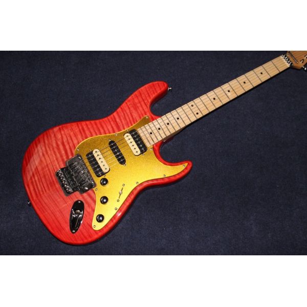 New Top quality , red Tiger Flame Electric Guitar Solid Basswood Body strato Maple Fingerboard caster Steel String