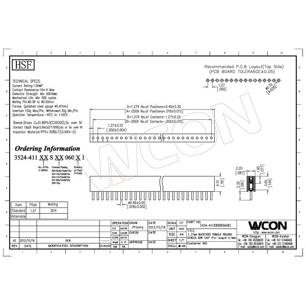 WCON 1.27mm Header Round Pin Header Female 10 Pin Anti Vibration With Brass Sleeve