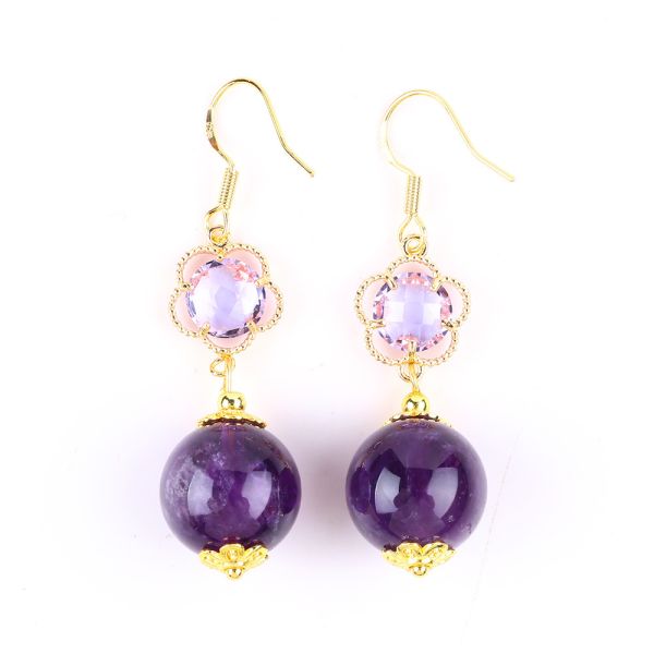 Handmade Amethyst Natural Crystal 14MM Big Round Shape Beaded Short Dangle Earring For Jewelry Gift