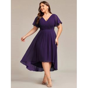 Quality Empire Plus Size V-neck High-low A-line Short Sleeve Ruffled Dark Purple Chiffon Wedding Guest Homecoming Dress for sale