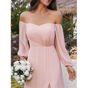 Plus Size Ruffled Long Sleeve High Slit Off-shoulder High Slit Pink Chiffon