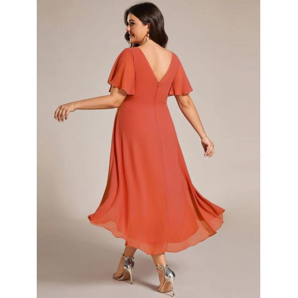 Chic V-neck High-low Short Flutter Sleeves A-line Ruffles Midi Invisible Zipper Burnt Orange Chiffon Party Dress