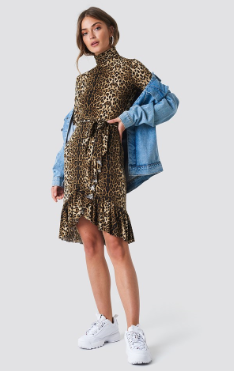 Autumn Fashion Women Long Sleeve And High Neck Leo Polo Dress Brown