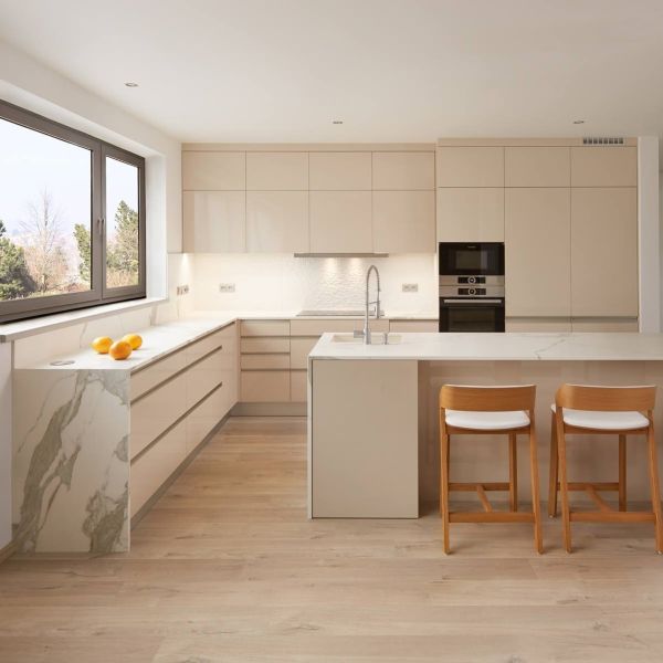 Buy Acrylic Modern Kitchen Display Cabinets Custom Smart Luxury Glossy Beige Island Modular at wholesale prices