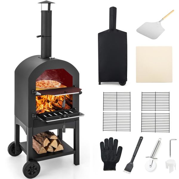 Buy Outdoor Woodfired Charcoal Pizza Maker Trolley Grill with Pizza Stone and Waterproof Cover at wholesale prices