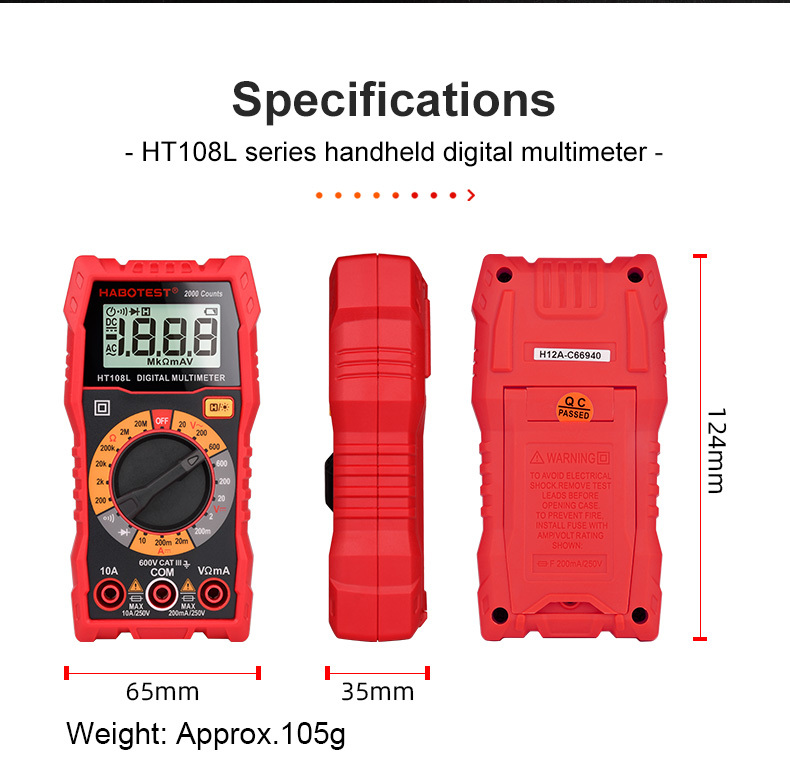 Habotest HT108L Manual Range CE Certified ABS Digital Multimeter DMM Tester with