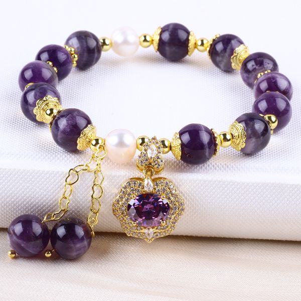 10mm Bead Dream Amethyst Stone Stretch Bracelets With Purple Bling Bling Charm