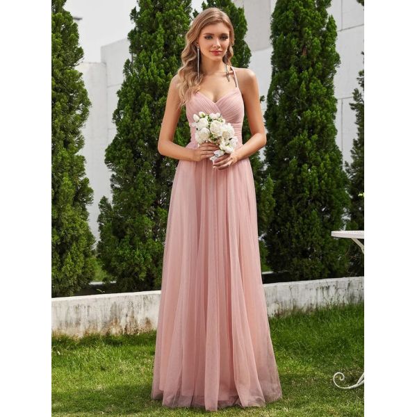 Lace Back Cross-strap V-neck Spaghetti Strap Empire A-line Pleated Sleeveless Pink Tulle Bridesmaid Dress