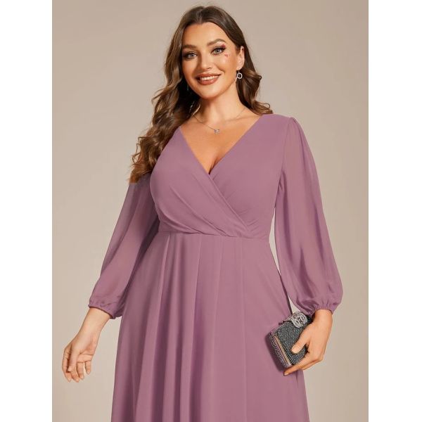 Ruffled A-line Long Sleeve V-neck High-low Wedding Guest Purple Orchid Chiffon Bridesmaid Dress