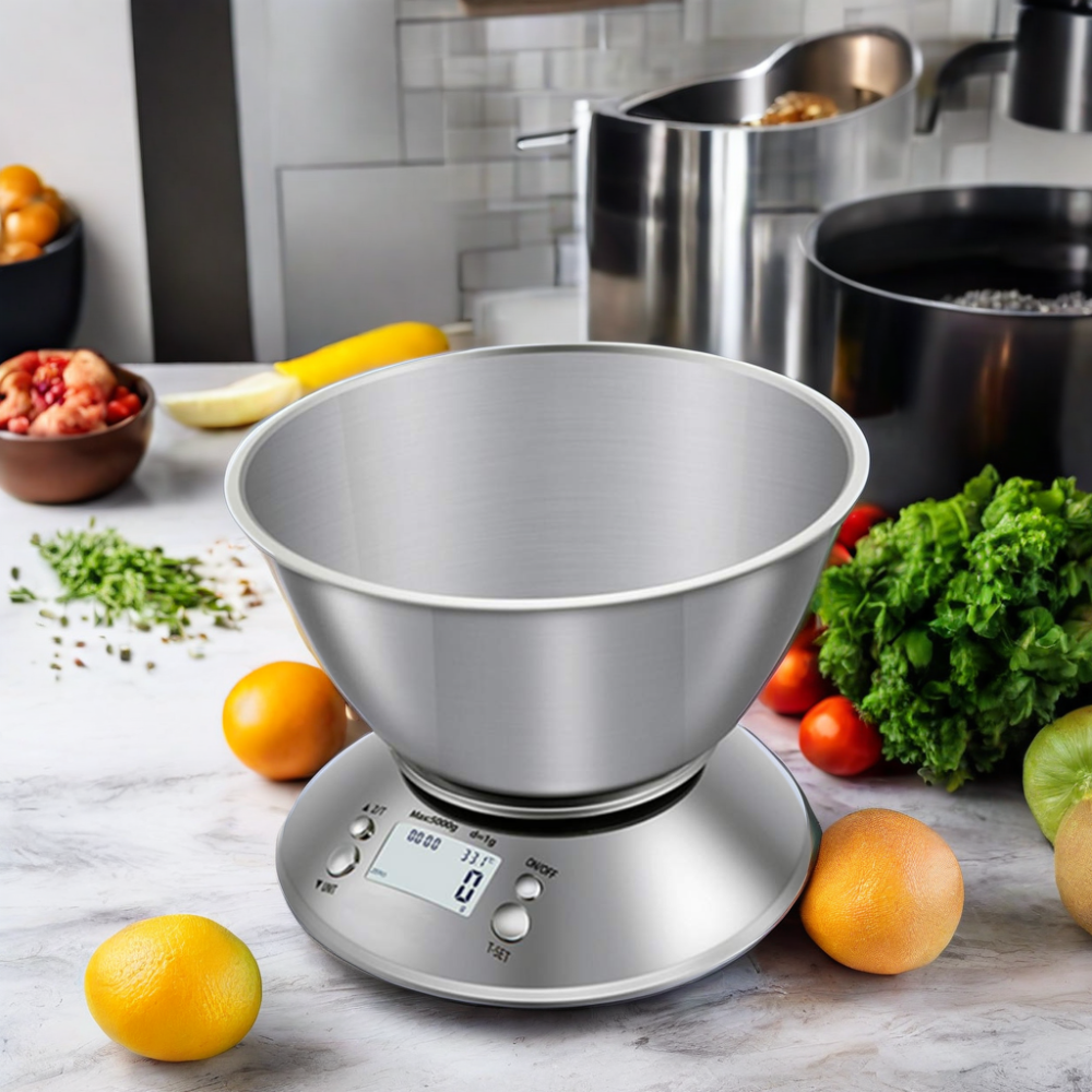 Digital Stainless Steel Kitchen Scales with Detachable Metal Bowl for Conveniently Measuring Ingredients