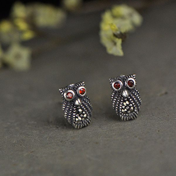 Vintage Owl Design Sterling Silver Stud Earrings(XH023333W)