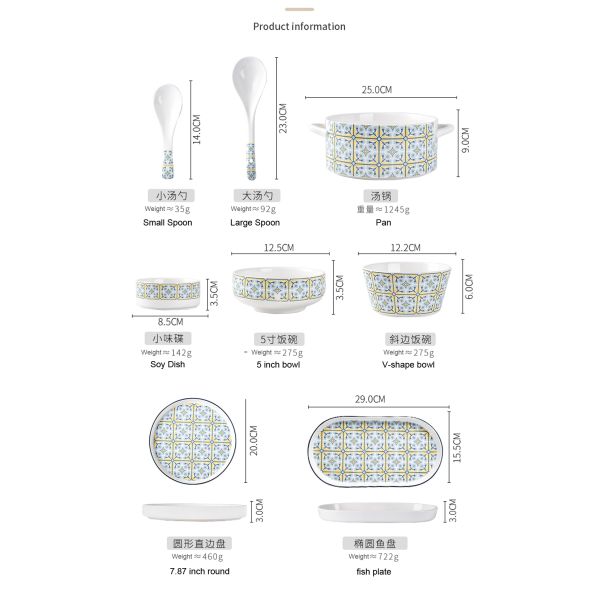 Light Blue Bohemia Ceramic Dinnerware Set Porcelain Kitchen Tabletop Stoneware Dinner Set Turkish