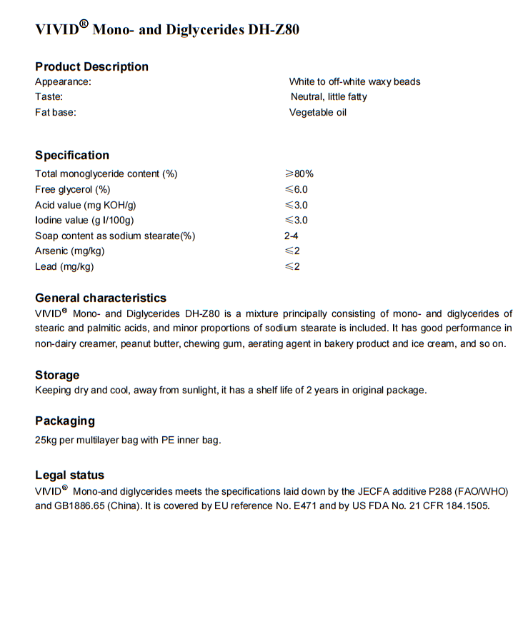 Waxy Solid Food Grade Emulsifiers Mono- and Diglycerides DH-Z80